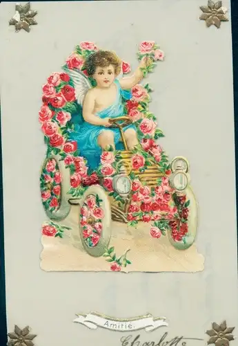 Zelluloid Ak Amitie, Engel, Wagen, Rosen, Kitsch