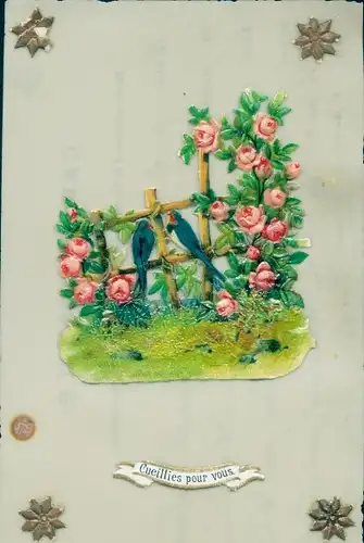 Zelluloid Ak Cueillies pour vous, Schwalben, Rosen, Zaun, Kitsch