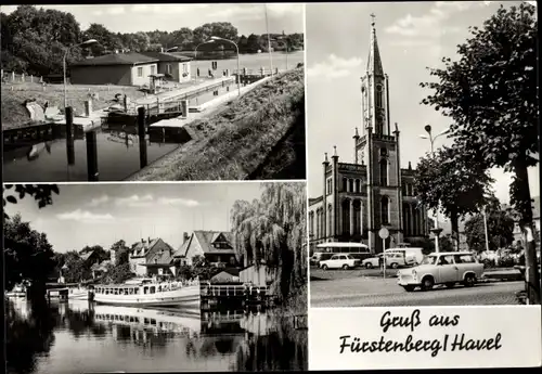 Ak Fürstenberg an der Havel, Schleuse, Kirche, Schiff