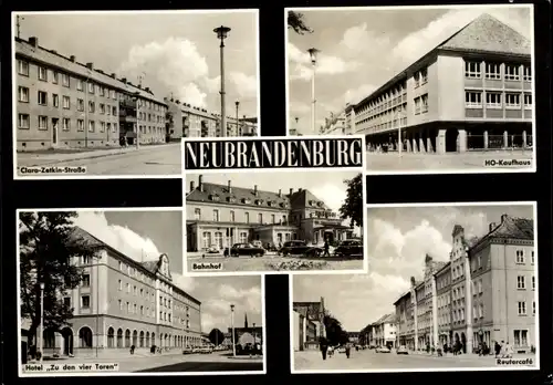 Ak Neubrandenburg, Hotel zu den vier Toren, Clara-Zetkin-Straße, Bahnhof, HO Kaufhaus, Reutercafe