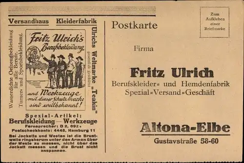 Ak Hamburg Altona, Fritz Ulrich Berufskleider und Hemdenfabrik, Gustavstraße 58-60