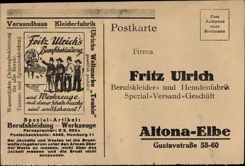 Ak Hamburg Altona, Fritz Ulrich Berufskleider und Hemdenfabrik, Gustavstraße 58-60