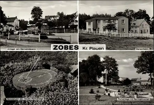 Ak Zobes Neuensalz im Vogtland, Anlage am Gemeindeamt, Parkanlage mir Springbrunnen, Sonnenuhr