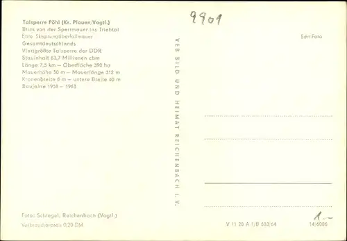 Ak Pöhl Vogtland, Talsperre, Blick von der Sperrmauer ins Triebtal, erste Skisprungüberfallmauer