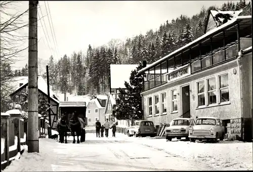 Ak Rohrbach in Thüringen, Konsum Gaststätte Sorbitzgrund, Trabant, Kutsche, Winter