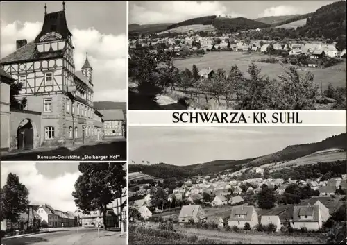 Ak Schwarza Thüringer Wald, Konsum Gaststätte Stolberger Hof, Panorama vom Ort, Straßenpartie