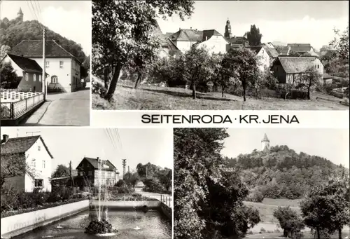 Ak Seitenroda Thüringen, Panorama vom Ort, Straßenpartie, Springbrunnen, Schloss