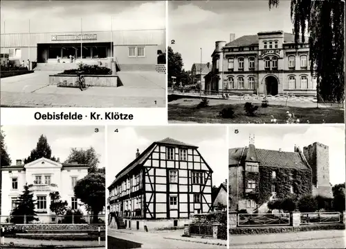 Ak Oebisfelde in Sachsen Anhalt, Konsum Kaufhalle, Jägerhof, Kindergarten, Apotheke, Burg