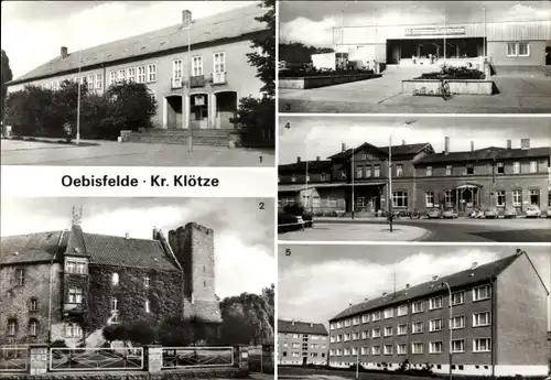 Ak Oebisfelde, Schule der deutsch-sowjetischen Freundschaft, Burg, Kaufhalle, AWG Neubauten, Bahnhof