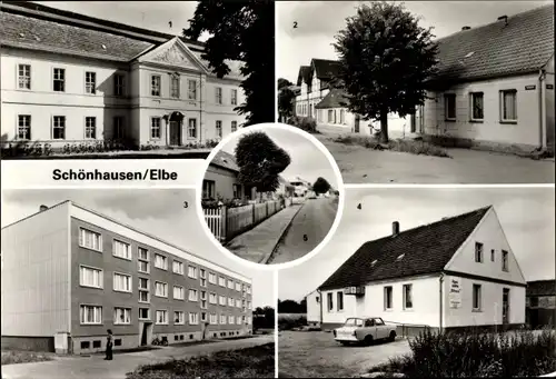 Ak Schönhausen an der Elbe, Hans Beimler Oberschule, Fontanestraße, Gartenstraße, Raststätte Elbaue