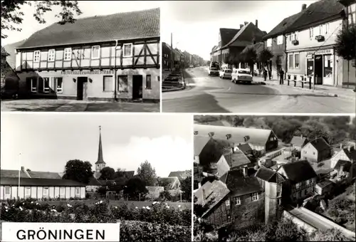 Ak Gröningen Kreis Oschersleben, Kulturhaus zum Badestrand, Grabenstraße, Kirche, Wohnheim LPG