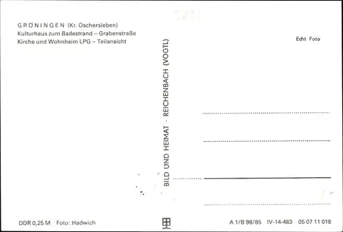 Ak Gröningen Kreis Oschersleben, Kulturhaus zum Badestrand, Grabenstraße, Kirche, Wohnheim LPG