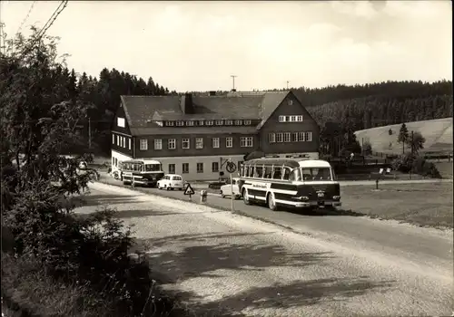 Ak Mühlleithen Tannenbergsthal Muldenhammer im Vogtland, HO Hotel Buschhaus, Busse