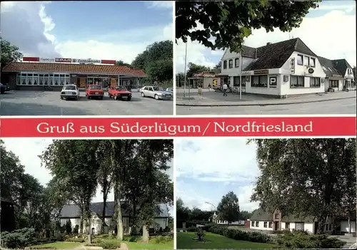 Ak Süderlügum in Nordfriesland, Kirche, Spar Zentralmarkt, Gaststätte