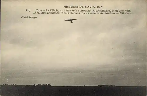 Ak Histoire de l'Aviation, Hubert Latham sur Monoplan Antoinette, à Mourmelon