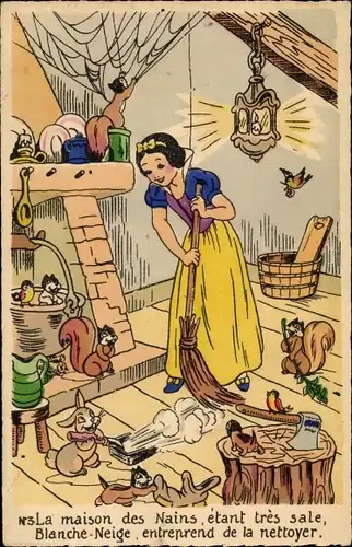 Künstler Ak Walt Disney, Blanche Neige, maison des Nains, Snow White, Schneewittchen, Waldtiere