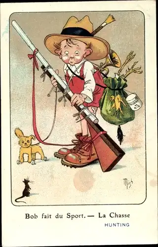 Künstler Ak Bob fait du Sport, La Chasse, Hunting, Junge mit Spielzeuggewehr, Maus