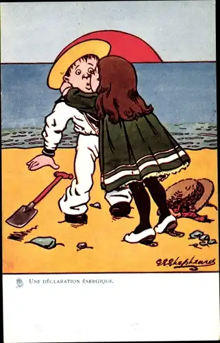 Künstler Ak Une declaration energique, Mädchen küsst Jungen, Strand