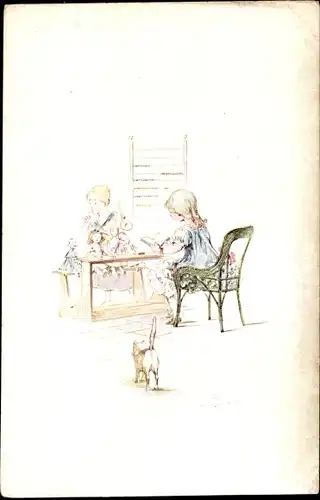 Künstler Ak Tornaghi, Zwei Mädchen mit Puppen, Schule