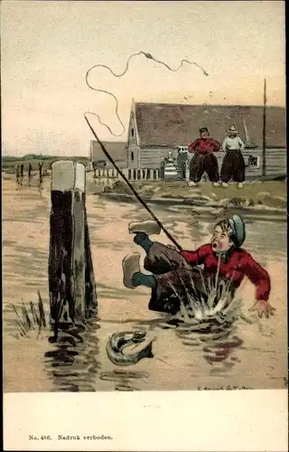 Künstler Ak Fuller, Edmund, G., Angler in niederländischer Tracht fällt ins Wasser