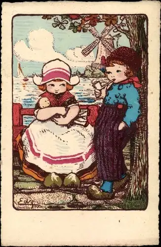 Künstler Ak Junge und Mädchen in niederländischen Trachten, Windmühle