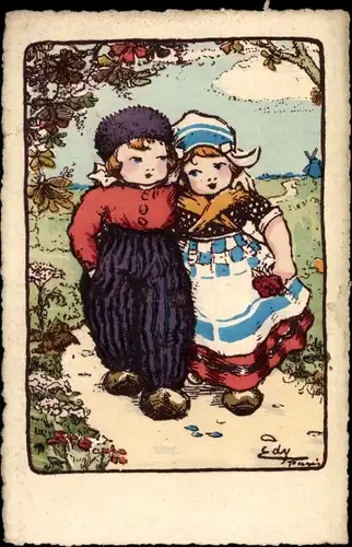 Künstler Ak Junge und Mädchen in niederländischen Trachten