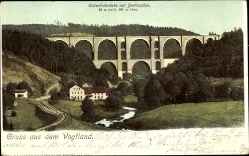 Ak Jocketa Pöhl Vogtland, Elstertalbrücke mit Barthmühle, Bahnstrecke, Viadukt, Eisenbahnbrücke