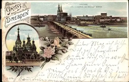 Litho Dresden Zentrum Altstadt, Russische Kirche, Augustusbrücke