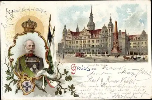 Litho Dresden Altstadt, Albert König von Sachsen, Königliches Schloss, Wappen