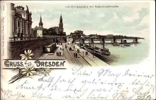 Litho Dresden Altstadt, Landungsplatz der Dampfschiffe, Augustusbrücke