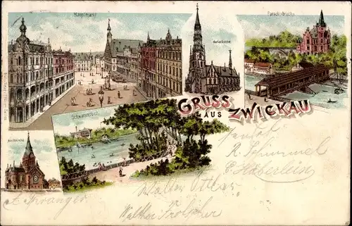 Litho Zwickau in Sachsen, Kirchen, Paradiesbrücke, Hauptmarkt, Schwanenteich