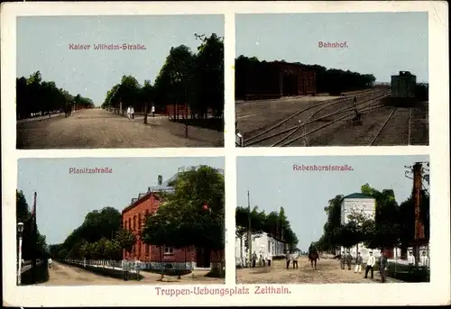 Ak Zeithain in Sachsen, Truppenübungsplatz, Kaiser Wilhelm Straße, Planitzstraße, Bahnhof, Gleise