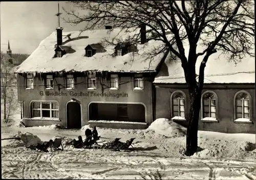 Ak Hammerbrücke Muldenhammer im Vogtland, Weidlichs Gasthof, Kommissionsgaststätte, Winter