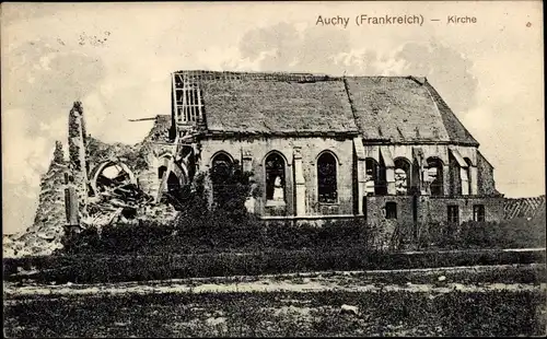 Ak Auchy au Bois Pas de Calais, Kirche,  Kriegszerstörung 1. WK