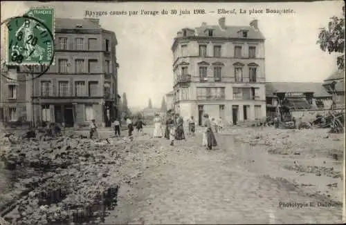 Ak Elbeuf Seine Maritime, Ravages causes par l'orage 1908, La Place Bonaparte