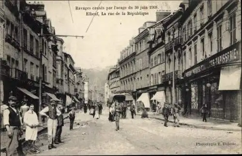 Ak Elbeuf Seine Maritime, Ravages causes par l'Orage 1908, la Rue de la République