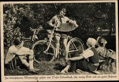 Ak Zur bedachtsamen Wanderfahrt gehört eine Dosis Lebenskunst, Brennabor Fahrrad, Reklame