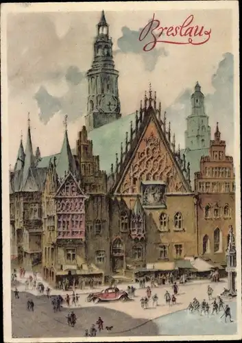 Künstler Ak Wrocław Breslau Schlesien, Blick auf das Rathaus, Ring, Ratusz, Rynek