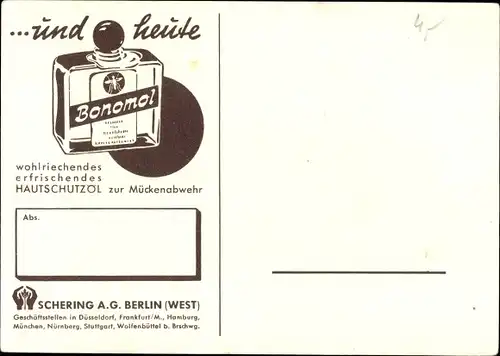 Ak Mückenabwehr anno dazumal, Reklame, Bonomol Hautschutzöl