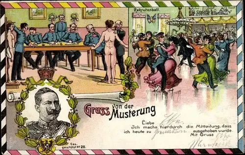 Litho Gruß von der Musterung, Kaiser Wilhelm II., Rekrutenball