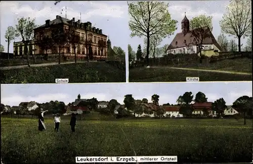Ak Leukersdorf Jahnsdorf im Erzgebirge, Schule, Kirche, mittlerer Ortsteil
