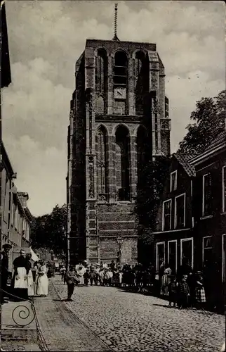 Ak Leeuwarden Friesland Niederlande, Turm, De Oldehove, Straßenpartie