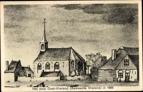 Ak Oost Vlieland Friesland Niederlande, Dorf in 1669, Kirche