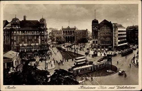 Ak Berlin Tiergarten, Potsdamer Platz mit Verkehrsturm, Straßenbahn, Pschorr-Haus, Bus, Autos