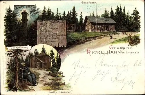 Litho Ilmenau in Thüringen, Kickelhahn, Gabelbach, Kickelhahnturm, Goethehäuschen