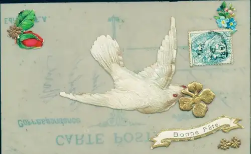 Zelluloid Ak Glückwunsch, Bonne Fete, Taube, Glücksklee, Vergissmeinnicht