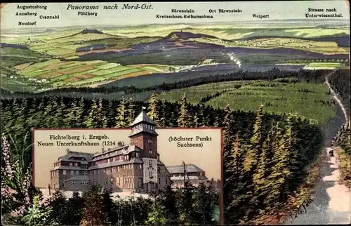 KünstlerAk Oberwiesenthal im Erzgebirge Sachsen, Neues Unterkunftshaus auf dem Fichtelberg, Aussicht