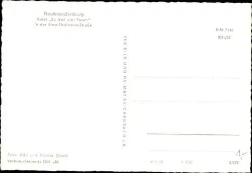 Ak Neubrandenburg in Mecklenburg, Hotel Zu den vier Toren in der Ernst-Thälmann-Straße