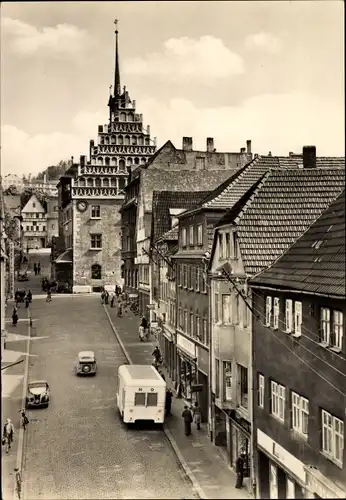 Ak Pößneck in Thüringen, Krautgasse mit Rathaus, Bus