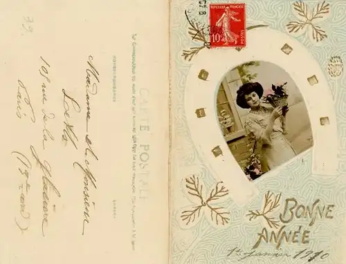 Klapp Ak Glückwunsch Neujahr, Frau mit Blumenstrauß, Hufeisen, Glücksklee